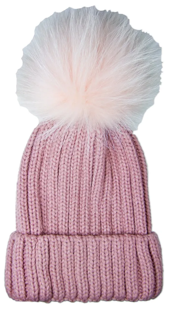 trachtenland-damen-beanie-strickm-tze-mit-fellbommel-rosa image 1
