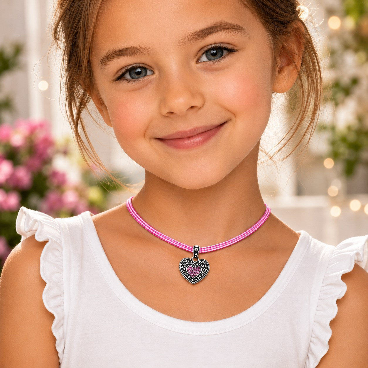 luisia-kinder-halskette-kariert-mit-herz-mit-swarovski-kristallen-pink image 2