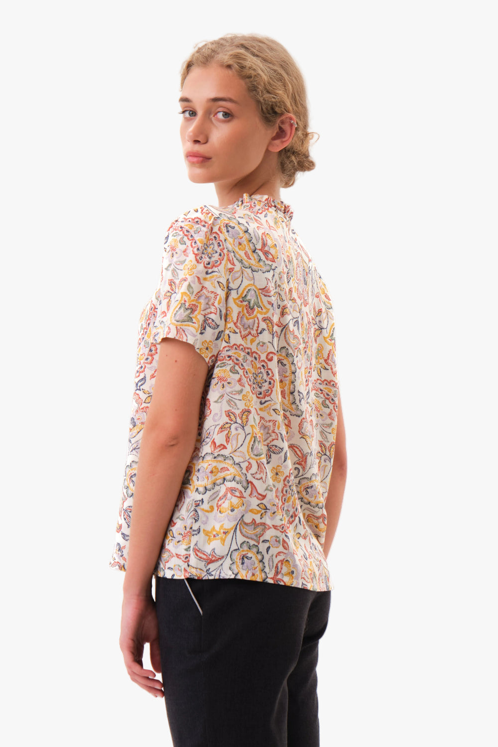 felicitas-banu-damen-bluse-viskose-print-stehkragen-kurzarm image 3