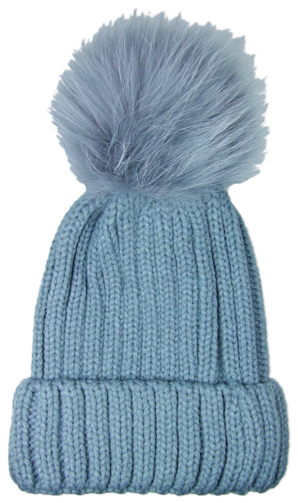 trachtenland-damen-beanie-strickm-tze-mit-fellbommel-hellgrau image 1