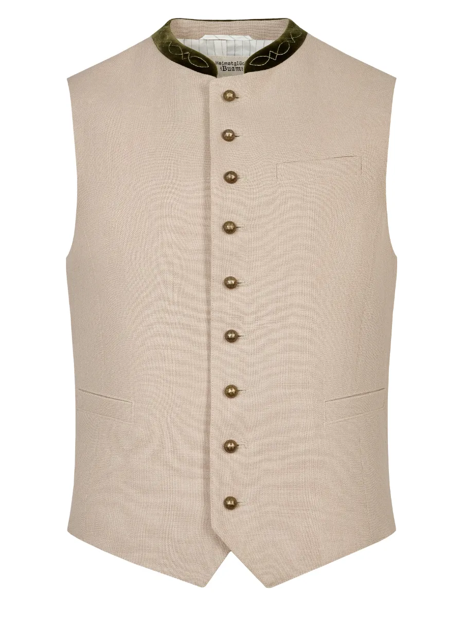 heimatgl-ck-weste-fridolin-herren-trachtenweste-beige-leinen-samtkragen image 1