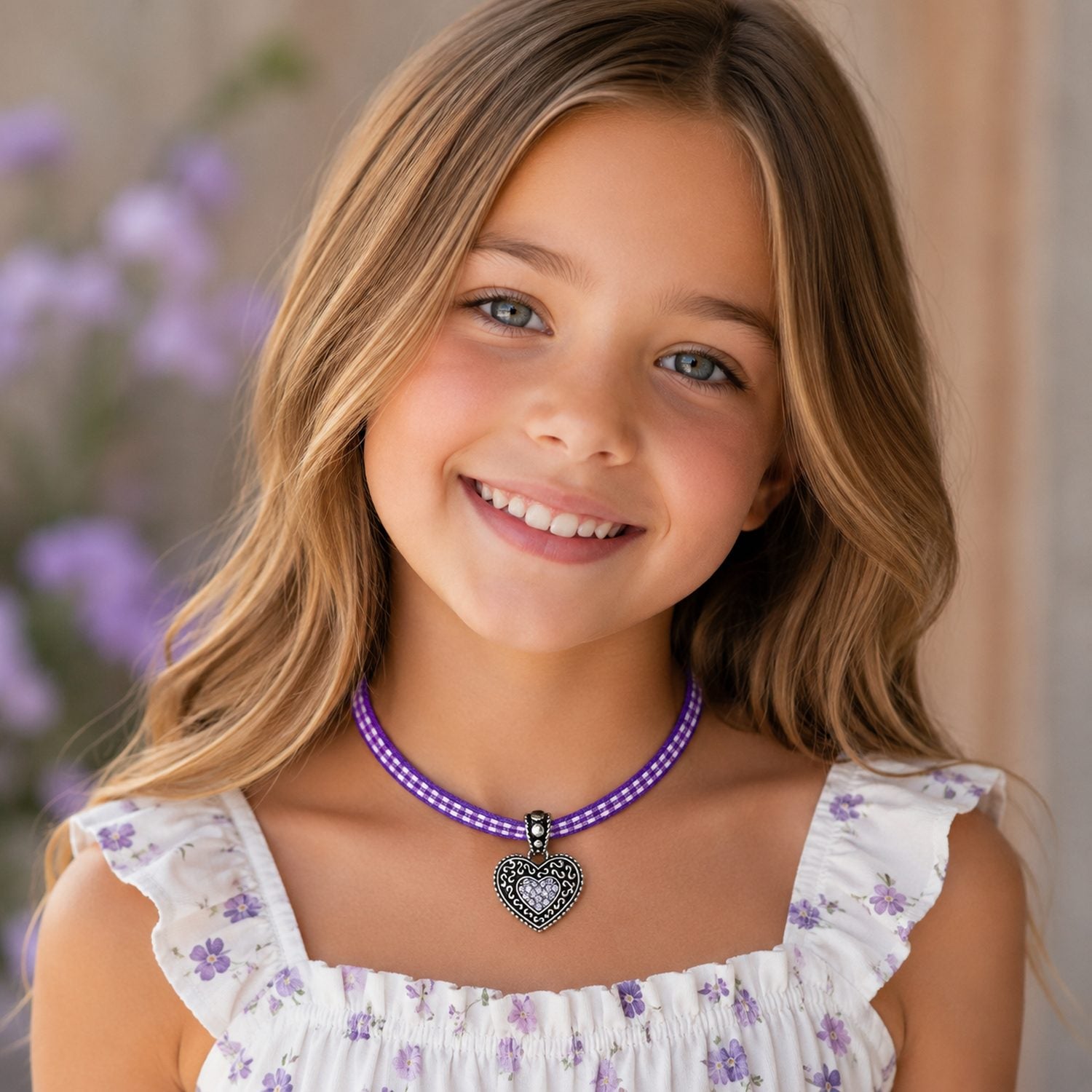 luisia-kinder-halskette-kariert-mit-herz-swarovski-kristalle-lavendel image 2
