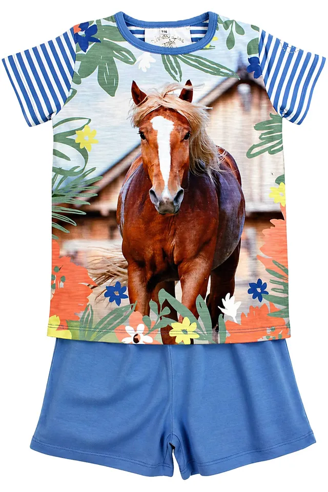 trachtenland-bondi-shorty-schlafanzug-pferde-motiv-36231-blau image 1