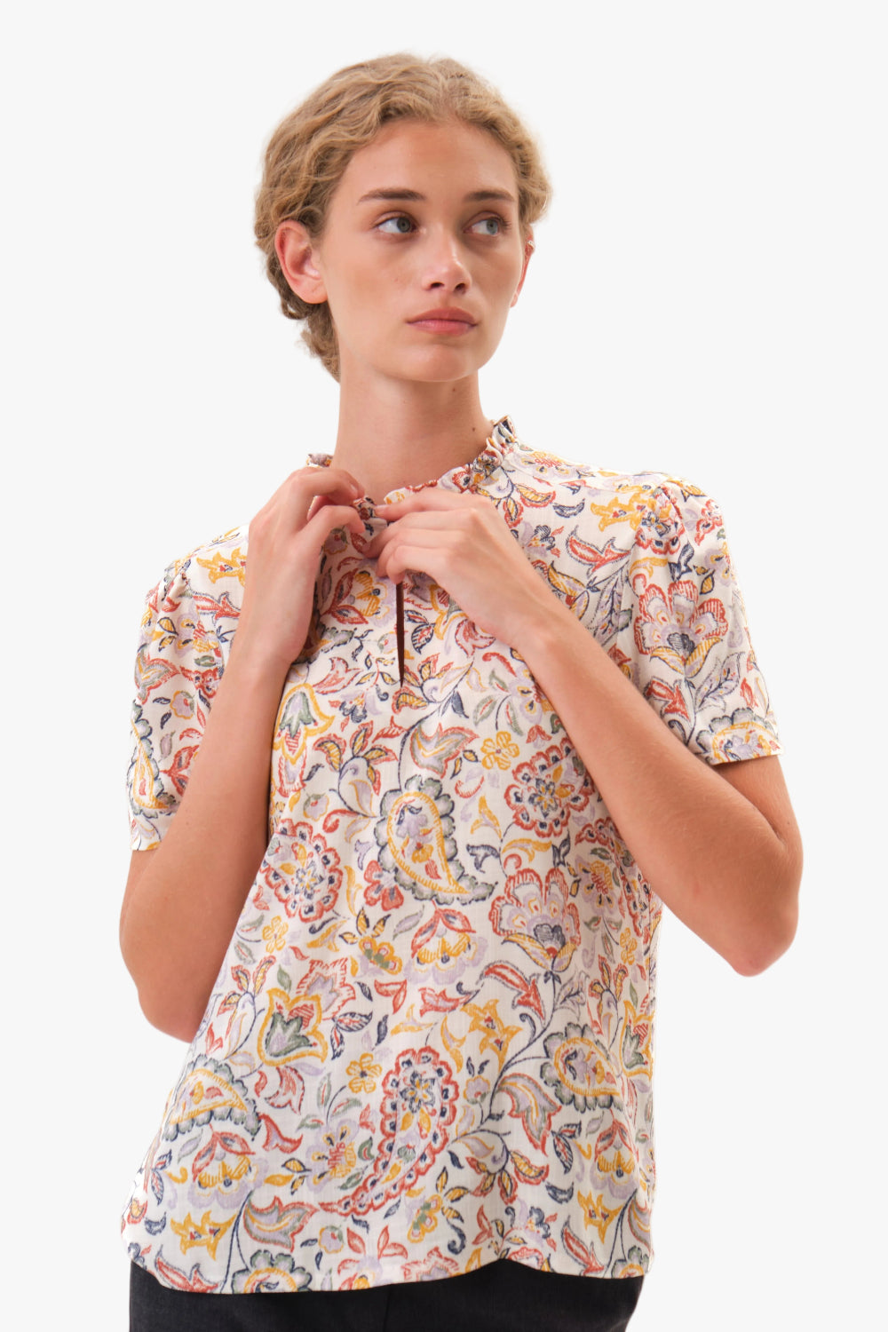 felicitas-banu-damen-bluse-viskose-print-stehkragen-kurzarm image 1