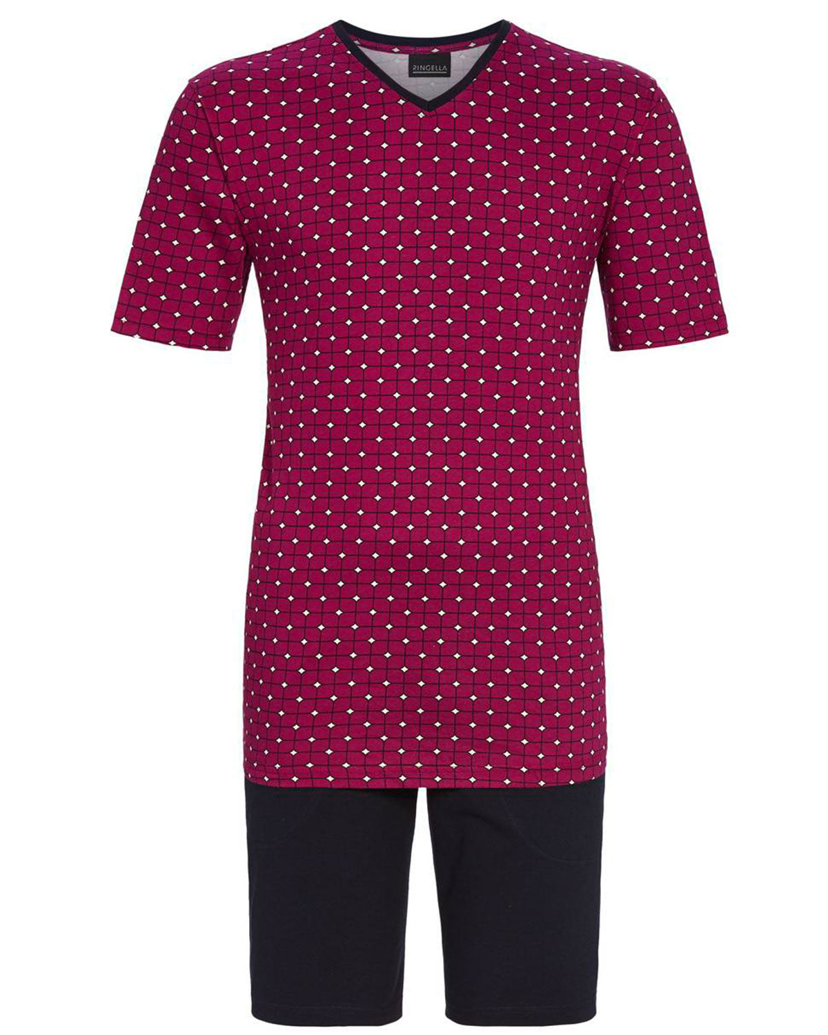 trachtenland-ringella-herren-kurzarm-pyjama-necktie-bermuda-granat-rot image 1