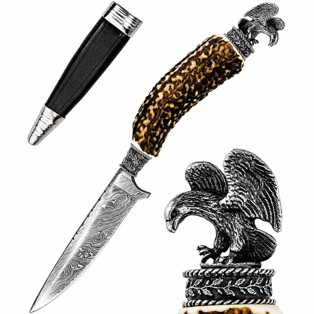 funk-trachtenmesser-mit-hirschhorngriff-und-damastklinge-adler-zierfigur image 1