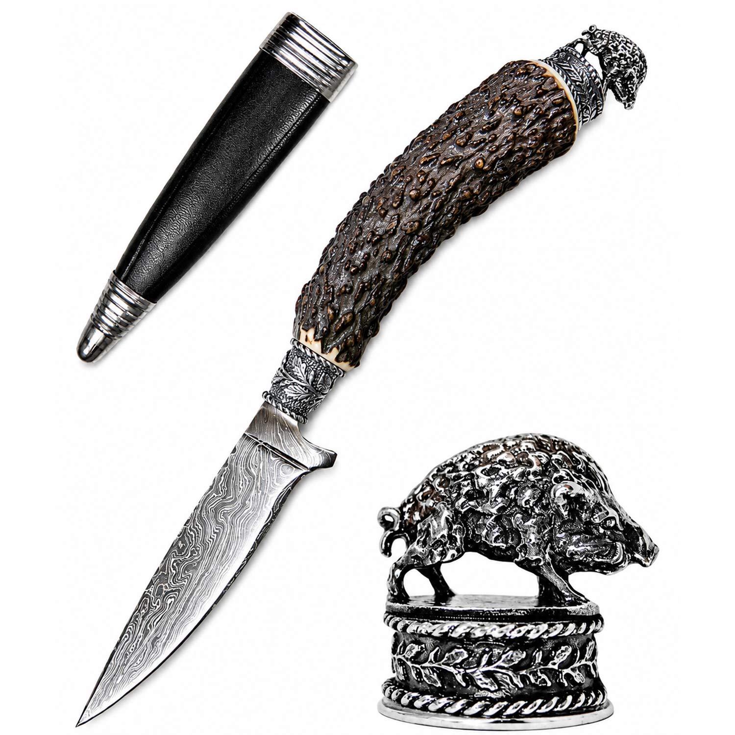 funk-trachtenmesser-damastklinge-hirschhorn-wildschwein-zierfigur image 1