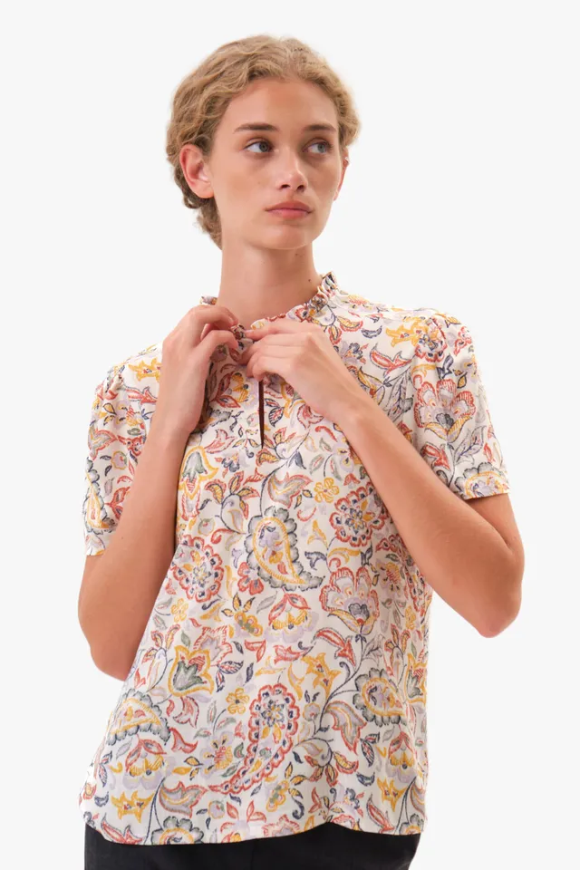 felicitas-banu-damen-bluse-viskose-print-stehkragen-kurzarm image 1