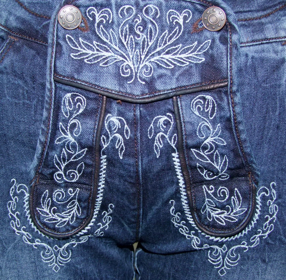 trachtenland-lekra-bea-damen-jeans-kniebundhose-lederhosen-optik-blau image 3