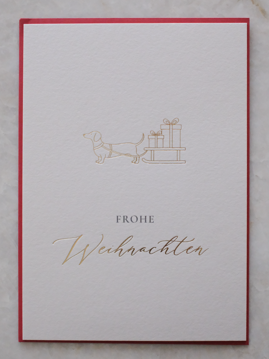 heimatgl-ck-weihnachtskarte-dackel-mit-goldpr-gung-und-umschlag image 1