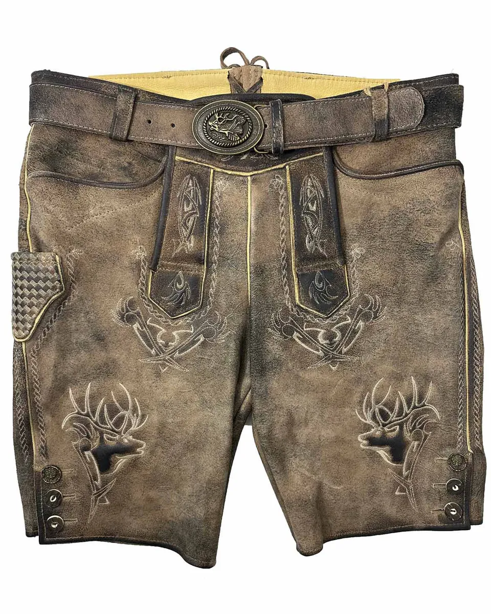 trachtenland-maddox-kurze-lederhose-urgsee-mit-hirschstickerei-antik-bernstein image 1