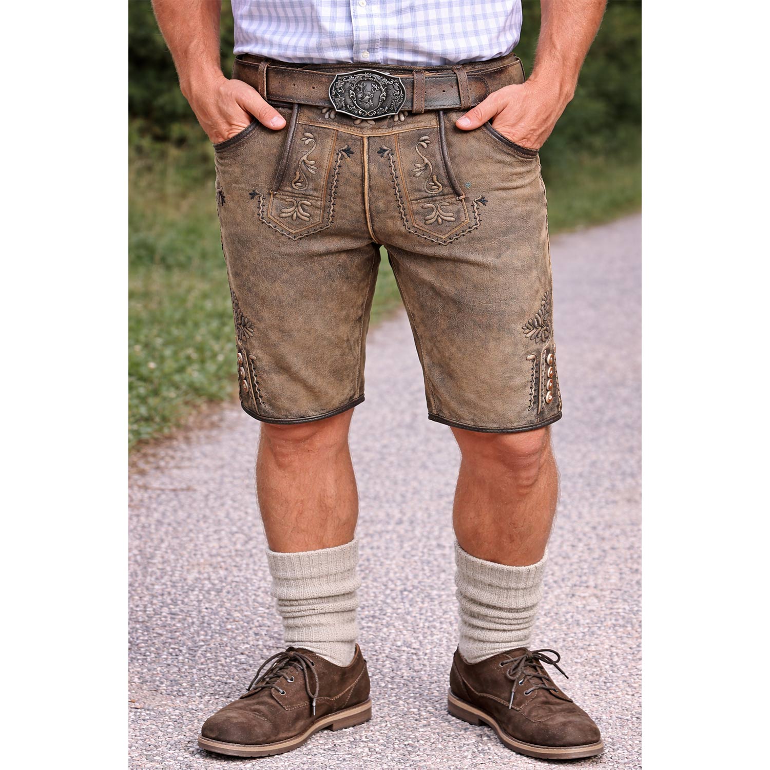 trachtenland-maddox-kurze-herren-lederhose-zugersee-mit-g-rtel-antik-r-zement image 2