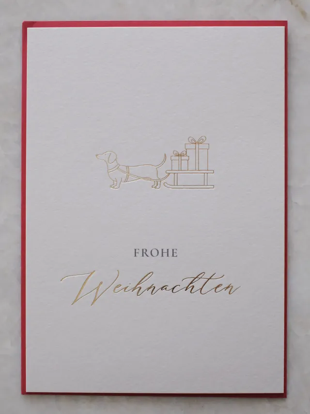 heimatgl-ck-weihnachtskarte-dackel-mit-goldpr-gung-und-umschlag image 1