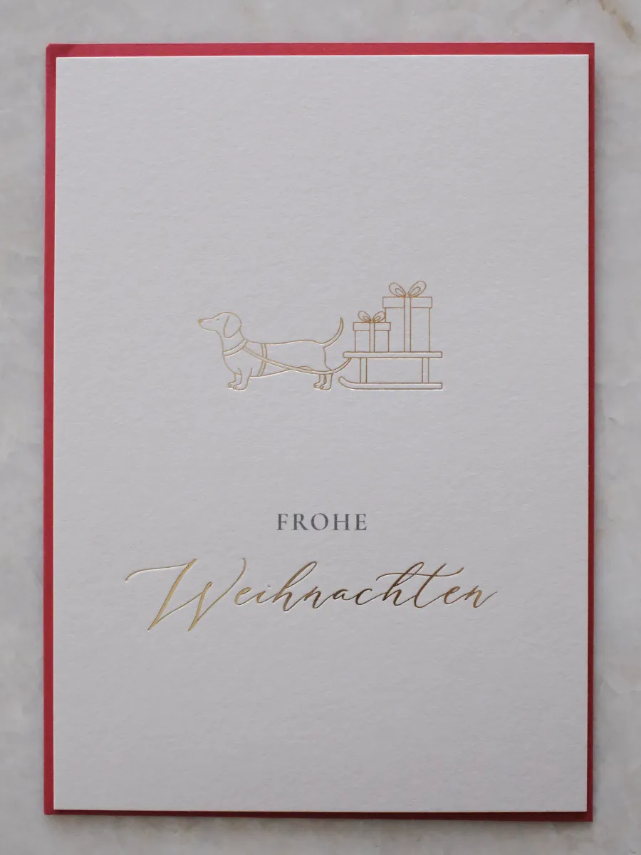heimatgl-ck-weihnachtskarte-dackel-mit-goldpr-gung-und-umschlag image 1