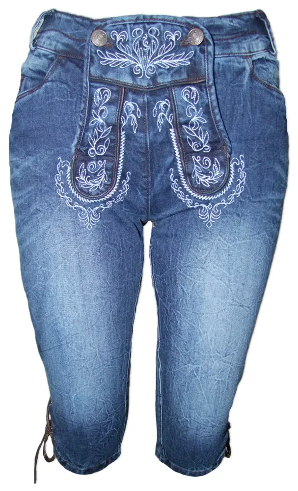 trachtenland-lekra-bea-damen-jeans-kniebundhose-lederhosen-optik-blau image 1