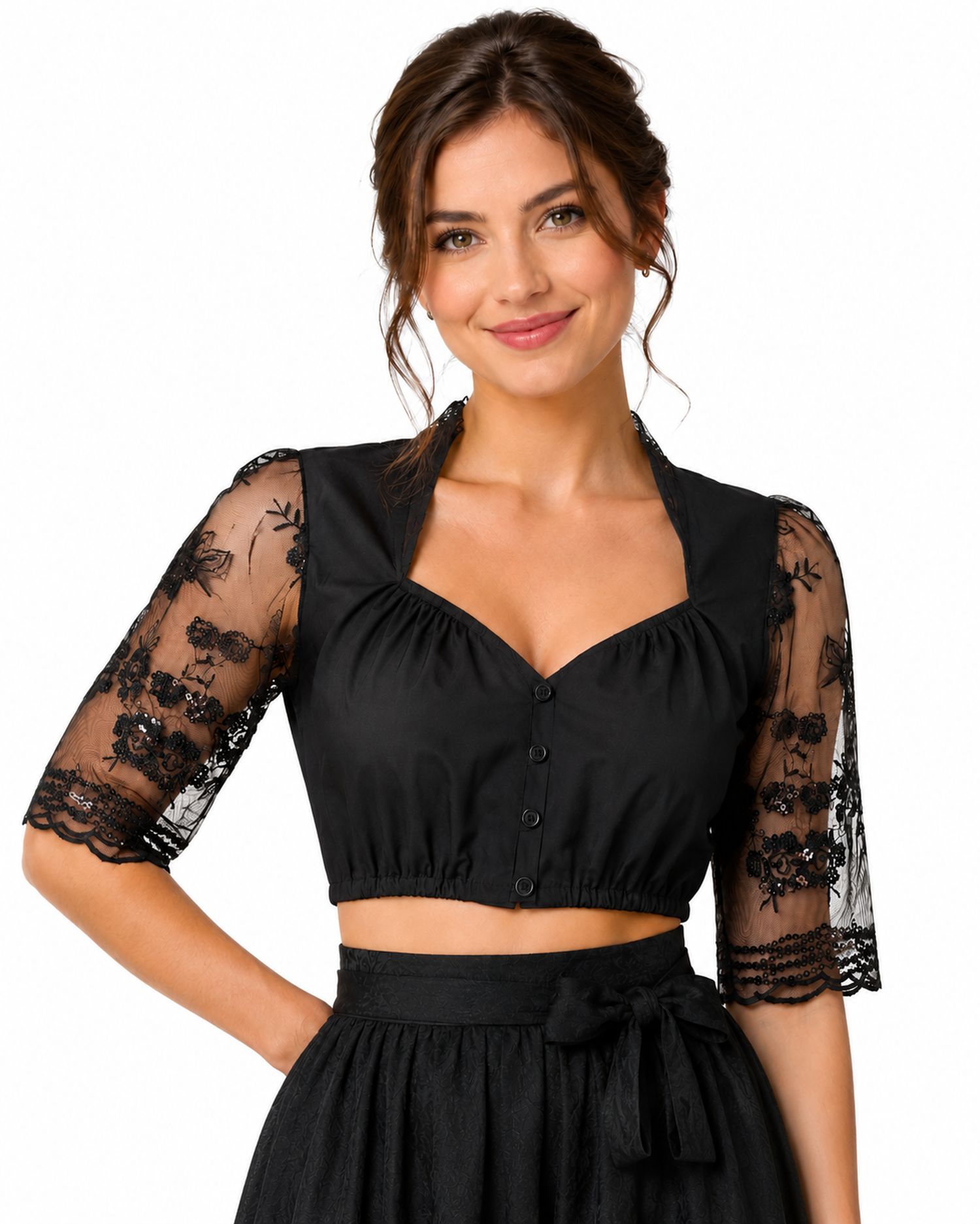 trachtenland-dirndlbluse-mit-spitze-und-pailletten-damen-bluse-schwarz image 1
